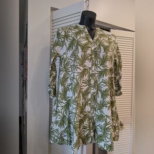 That I 100% Flax Linen Green Leaf Print Tunic Dress Tropical Palms Size Medium